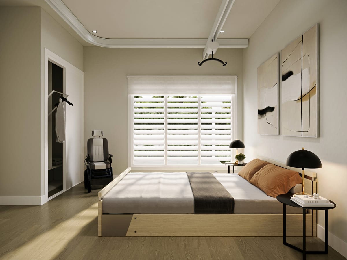 Render of the second bedroom, with wide clear space around the bed
