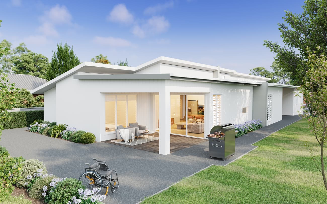 Render of the rear yard with level accessible paths and outdoor living space